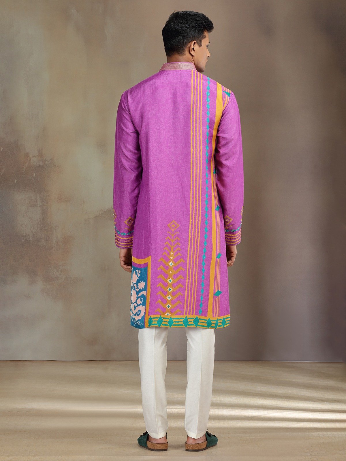 purple silk printed kurta pajama with resham and sequins