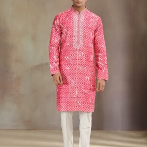 pink printed silk kurta suit with aabla and thread work
