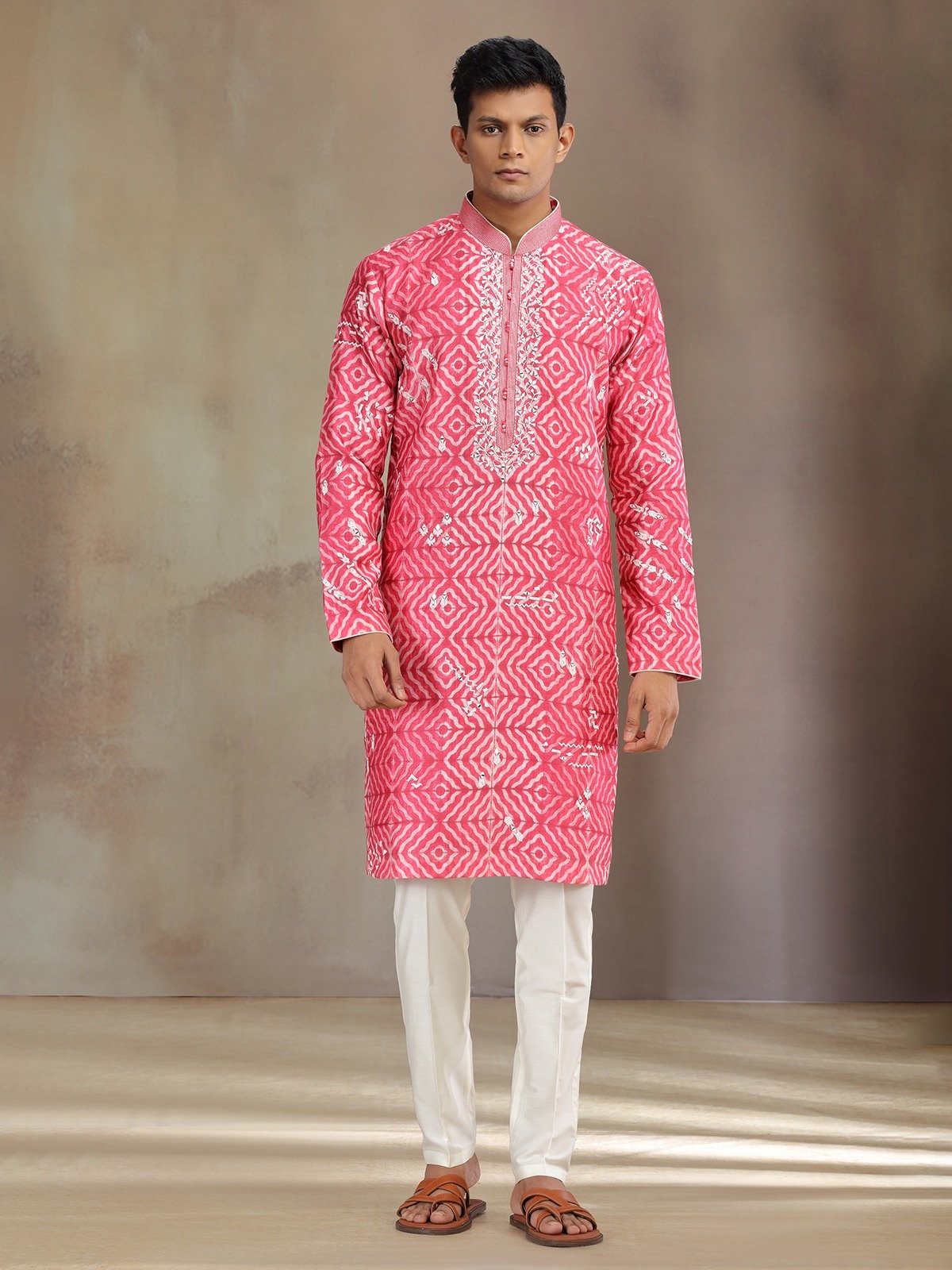 pink printed silk kurta suit with aabla and thread work