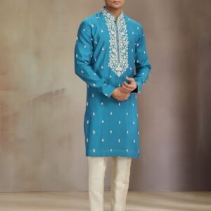 blue jaquard silk kurta pajama with thread and sequins work