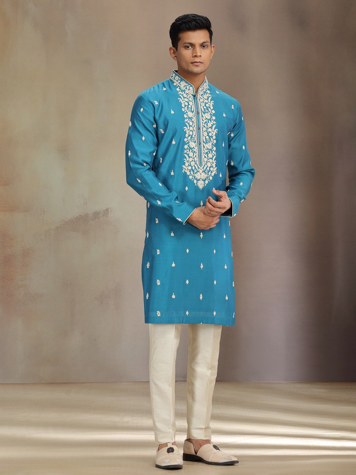 blue jaquard silk kurta pajama with thread and sequins work