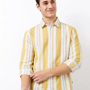 yellow slim fit striped full sleeve shirt for men