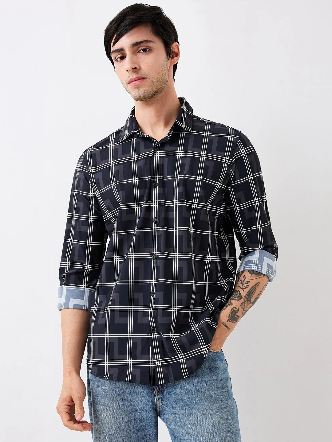 black slim fit checkered full sleeve shirt for men black slim fit checkered full sleeve shirt for men