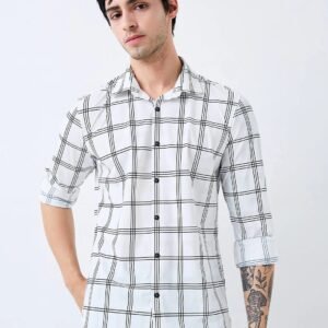 white slim fit checkered full sleeve shirt for men