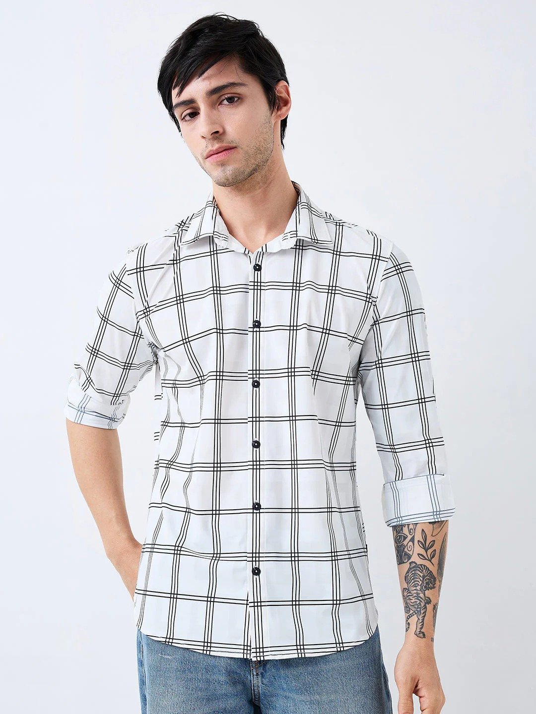 white slim fit checkered full sleeve shirt for men white slim fit checkered full sleeve shirt for men