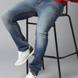 limited edition mid blue regular fit narrow length mid rise knee slit premium stretchable denim jeans for men